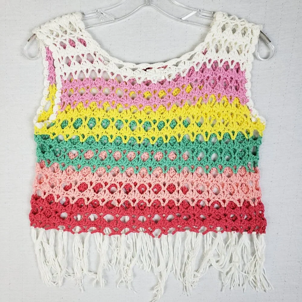 Vintage Y2K Boho Striped Colorful Fringe Crochet Knit 70s Sleeveless Top sz L/XL
